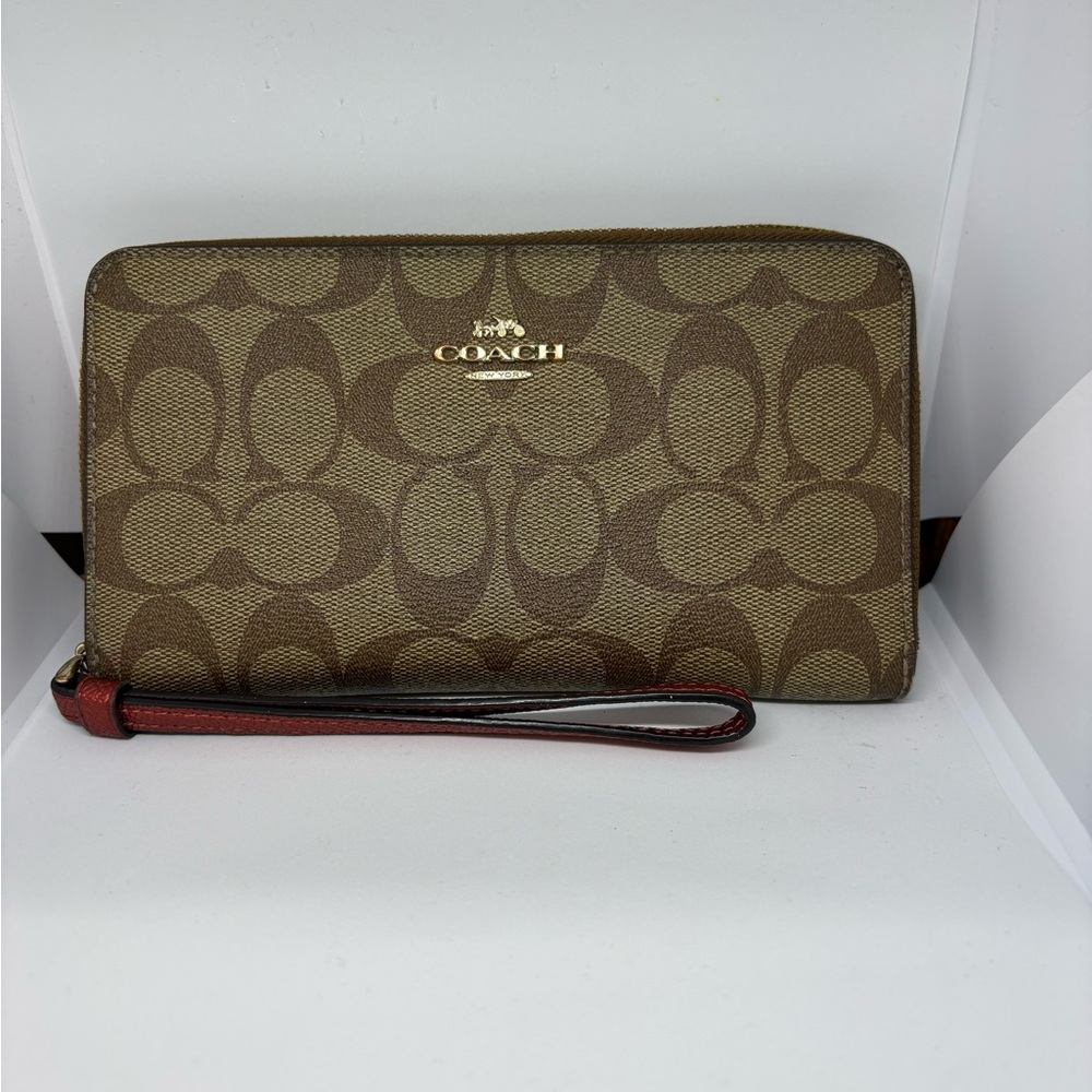 Coach Brown and Tan Monogram Wristlet Wallet